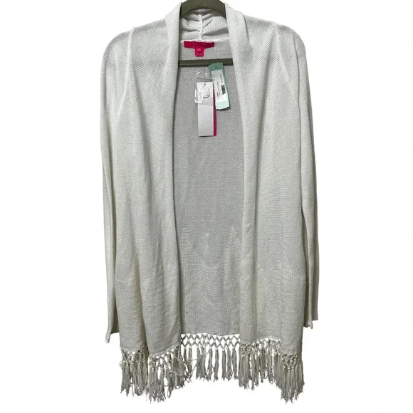 Lilly Pulitzer NEW Tatum Fringe Hem Cardigan White Cotton Knit Sweater Small - Picture 1 of 5